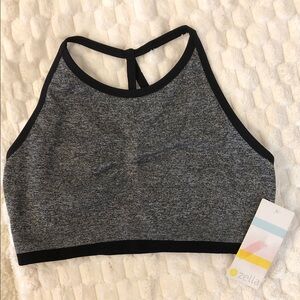 Zella Grey High-Neck Racerback Sports Bralette with Black Trim